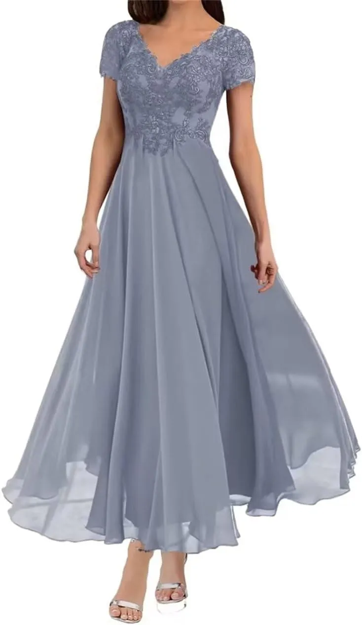 Tea Length Mother of The Bride Dresses for Wedding with Sleeves Lace Appliques V Neck Long Formal Evening Gowns
