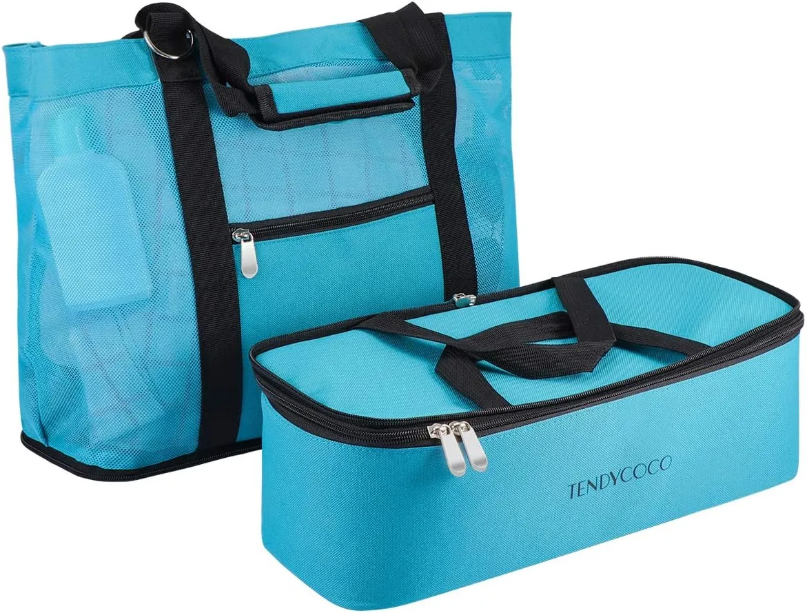 TENDYCOCO Mesh Beach Bag with Insulated Cooler Zipper 2 in 1 Pool Tote Bag Sandproof Women (Blue)