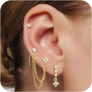 Tewiky Gold Chain Earrings for Women Dainty Long Dangle Chain Earring Set, Hypoallergenic Hoop Cubic Zirconia Stud Earring Stack, Chain Drop Earrings Jewelry Trendy for Women 3 Pairs
