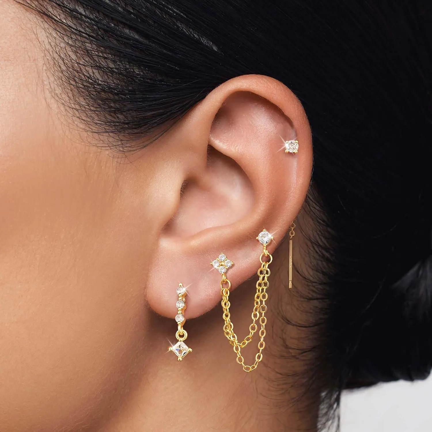 Tewiky Gold Chain Earrings for Women Dainty Long Dangle Chain Earring Set, Hypoallergenic Hoop Cubic Zirconia Stud Earring Stack, Chain Drop Earrings Jewelry Trendy for Women 3 Pairs