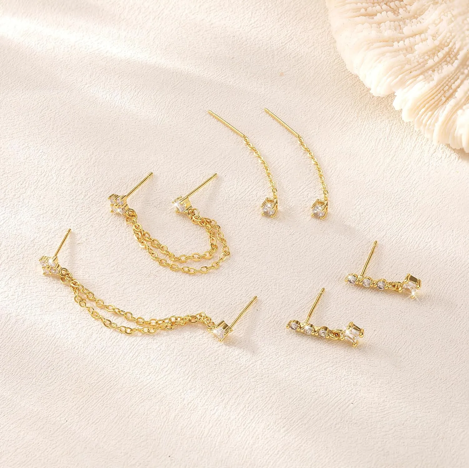 Tewiky Gold Chain Earrings for Women Dainty Long Dangle Chain Earring Set, Hypoallergenic Hoop Cubic Zirconia Stud Earring Stack, Chain Drop Earrings Jewelry Trendy for Women 3 Pairs