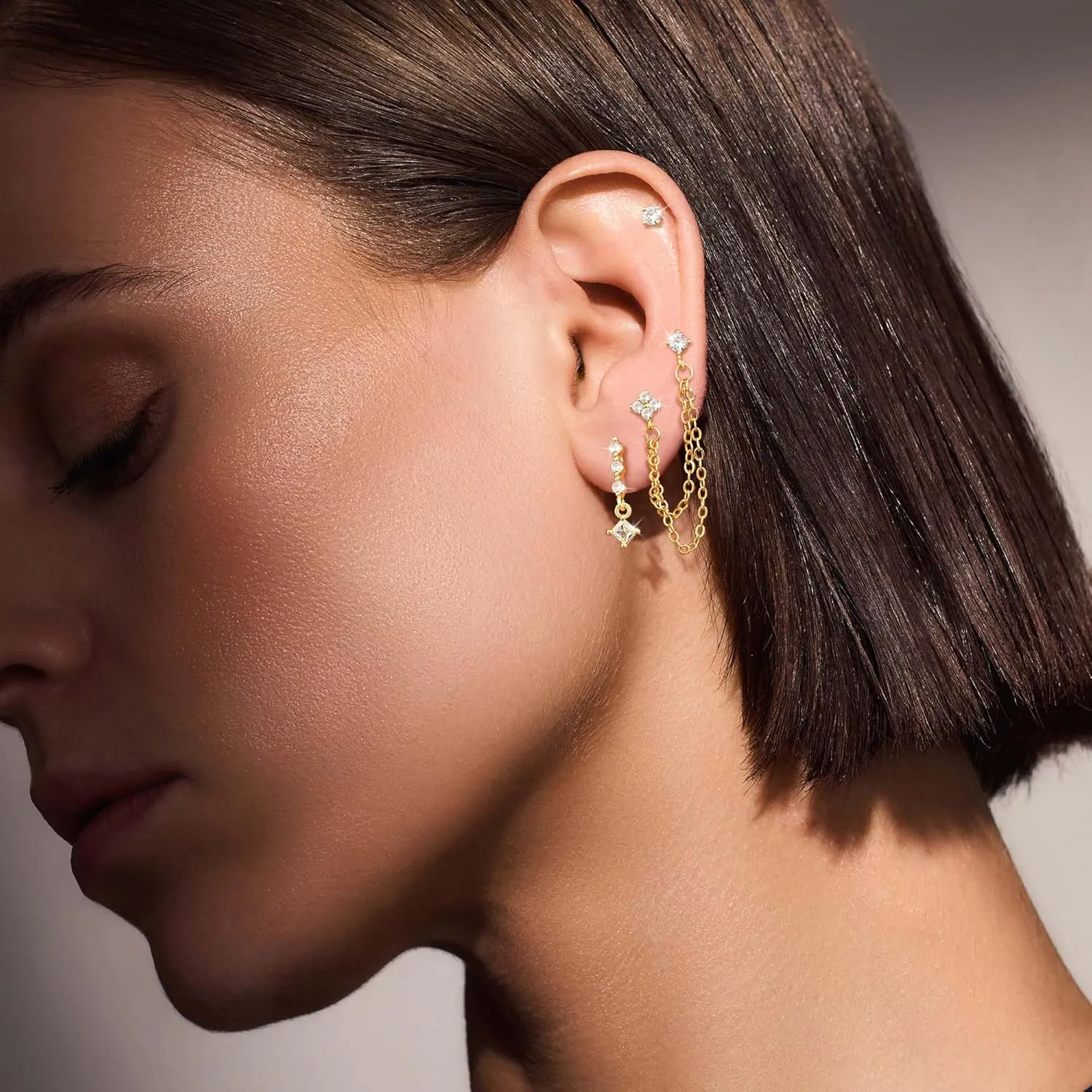 Tewiky Gold Chain Earrings for Women Dainty Long Dangle Chain Earring Set, Hypoallergenic Hoop Cubic Zirconia Stud Earring Stack, Chain Drop Earrings Jewelry Trendy for Women 3 Pairs