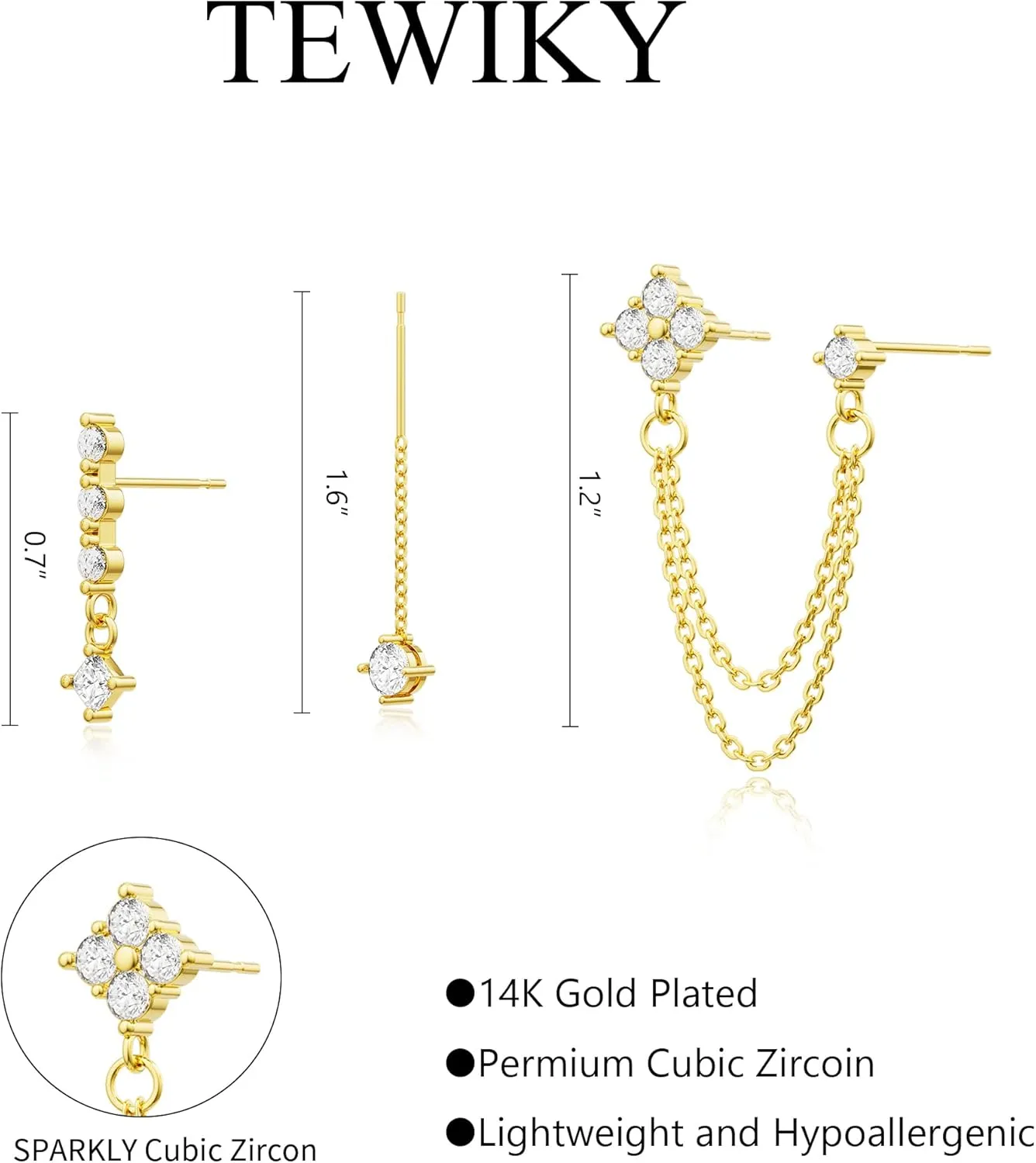 Tewiky Gold Chain Earrings for Women Dainty Long Dangle Chain Earring Set, Hypoallergenic Hoop Cubic Zirconia Stud Earring Stack, Chain Drop Earrings Jewelry Trendy for Women 3 Pairs