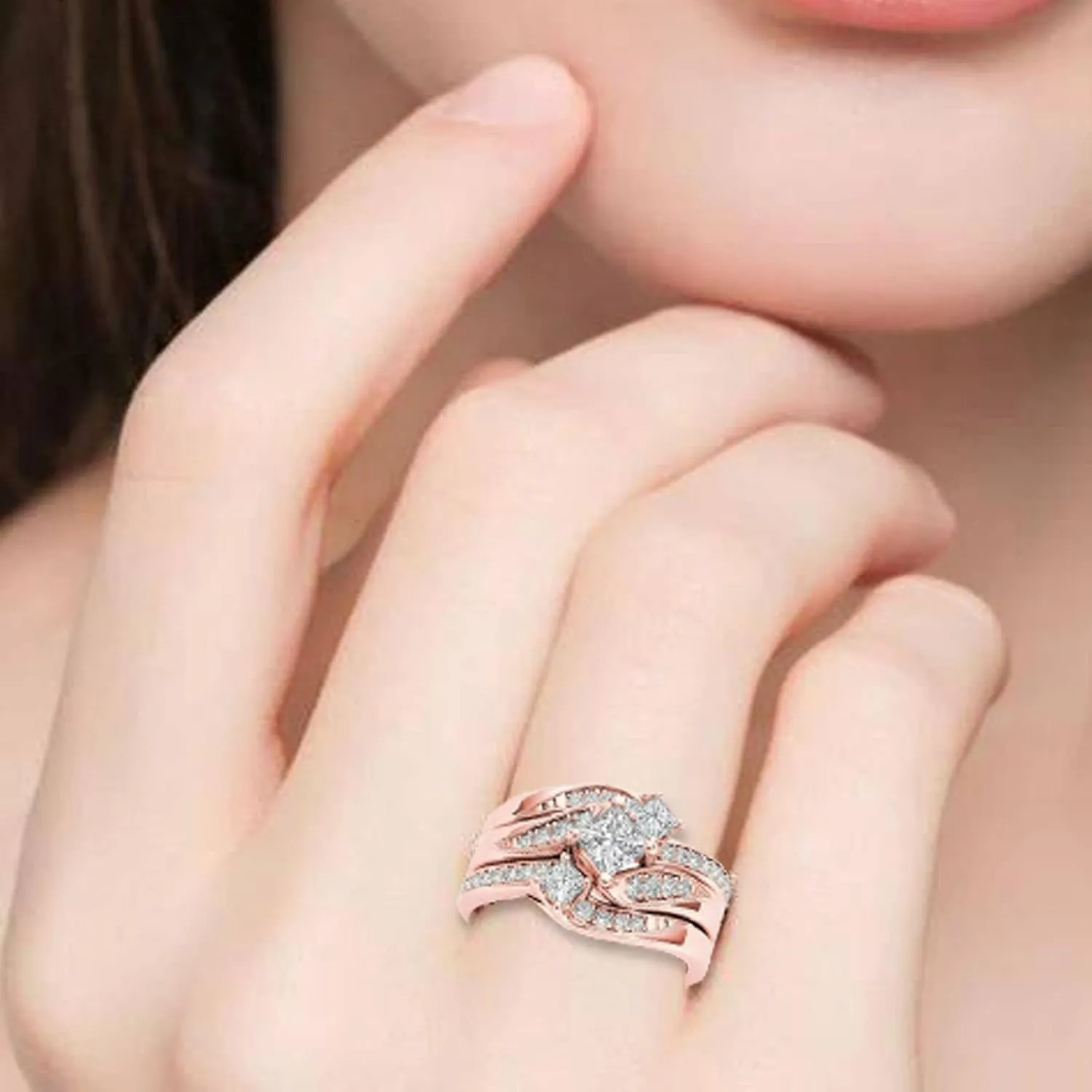 Three in One Wedding Band Set for Women Simulated Diamond Engagement Ring Inlaid Zircon Exquisite Jewelry (Rose Gold, 6)