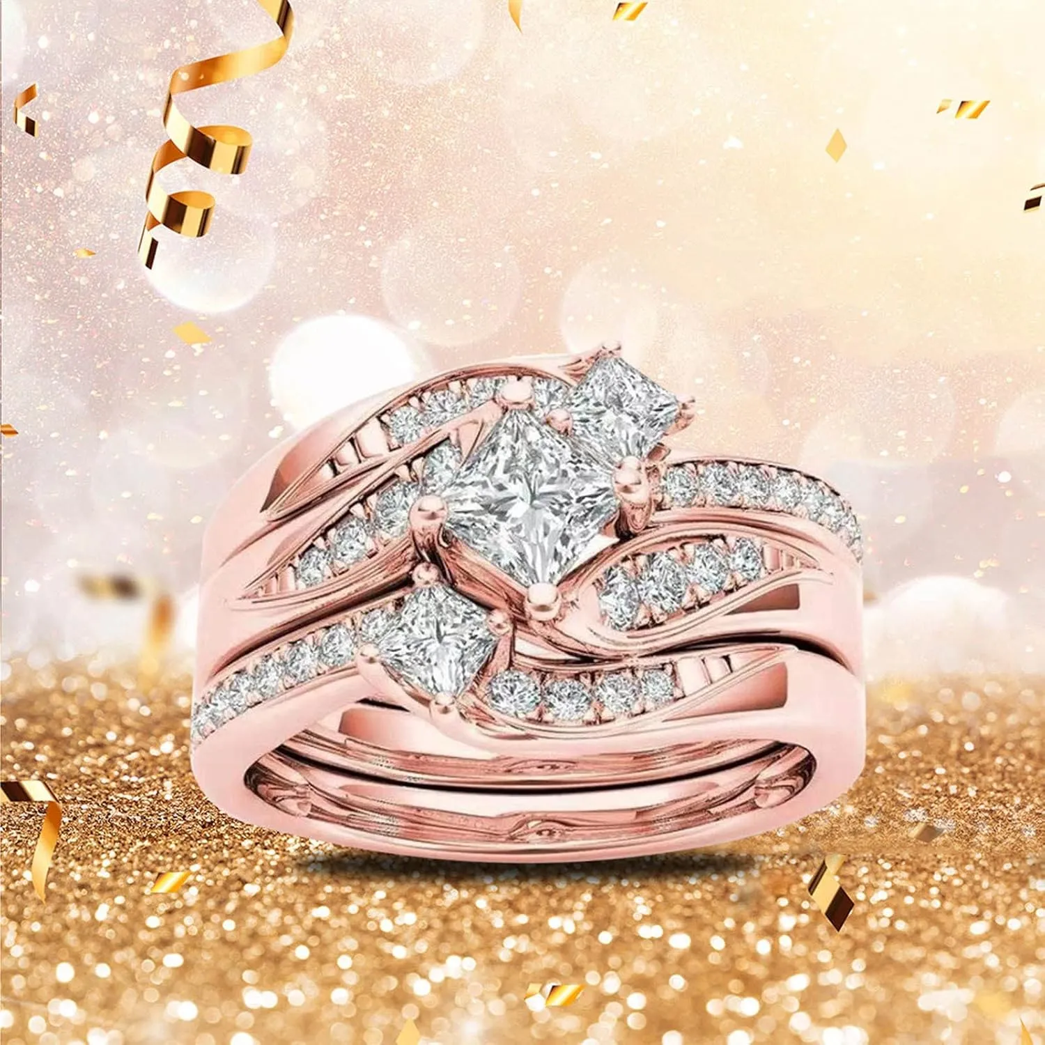 Three in One Wedding Band Set for Women Simulated Diamond Engagement Ring Inlaid Zircon Exquisite Jewelry (Rose Gold, 6)