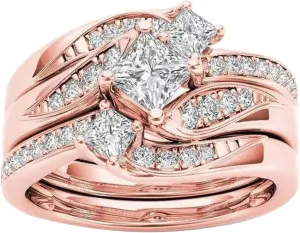 Three in One Wedding Band Set for Women Simulated Diamond Engagement Ring Inlaid Zircon Exquisite Jewelry (Rose Gold, 6)
