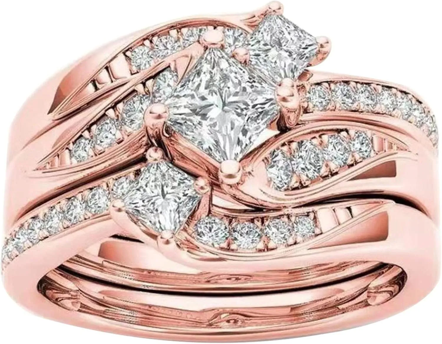Three in One Wedding Band Set for Women Simulated Diamond Engagement Ring Inlaid Zircon Exquisite Jewelry (Rose Gold, 6)