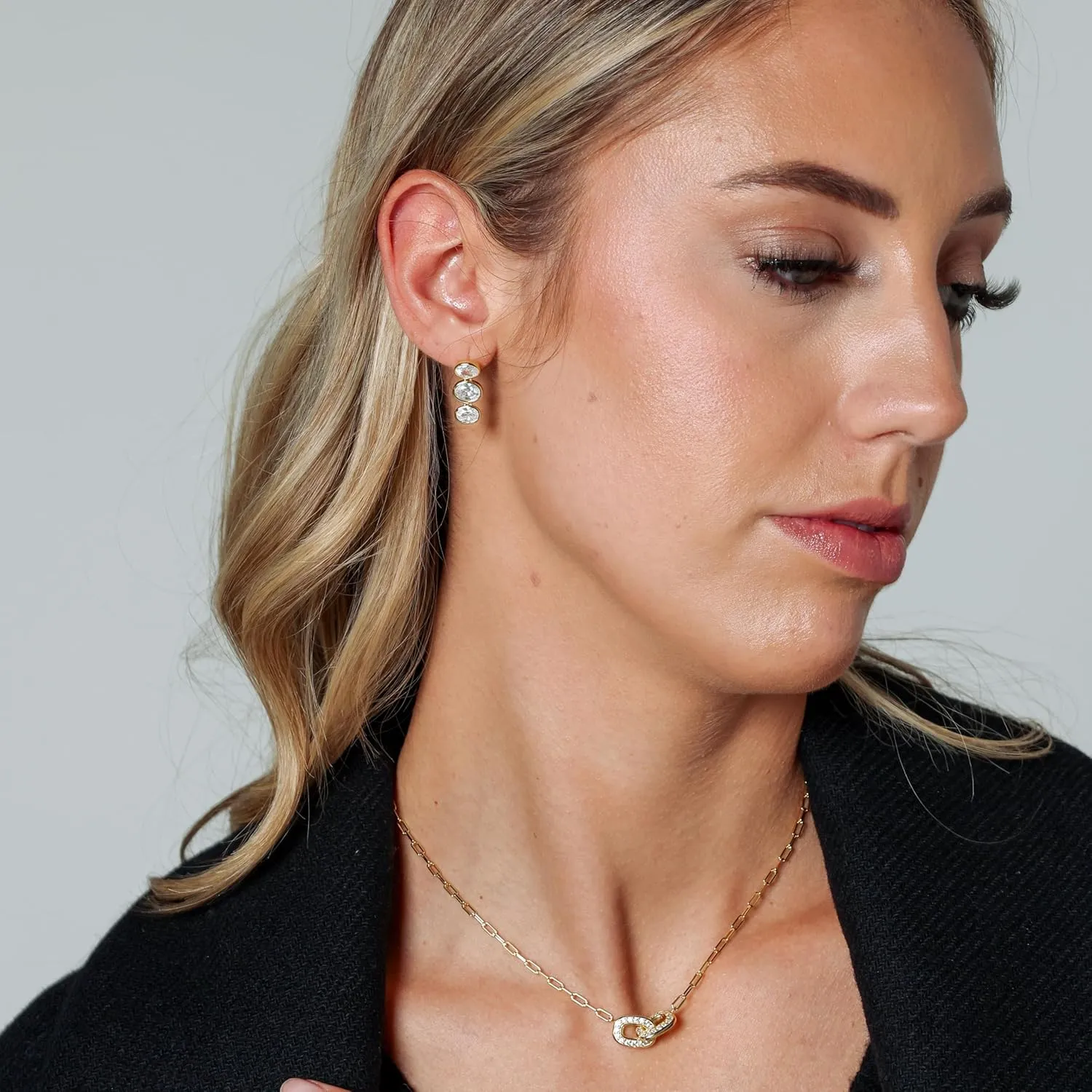 Three Oval-Cut Line CZ Earrings | Oval White Gem Dangle Earrings