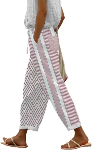 TIAFORD Womens Floral Prirted Linen Pants Summer Beach Relaxed Fit Straight Leg Crop Trousers with Pockets