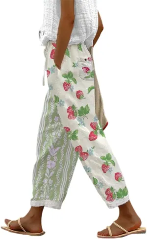 TIAFORD Womens Floral Prirted Linen Pants Summer Beach Relaxed Fit Straight Leg Crop Trousers with Pockets