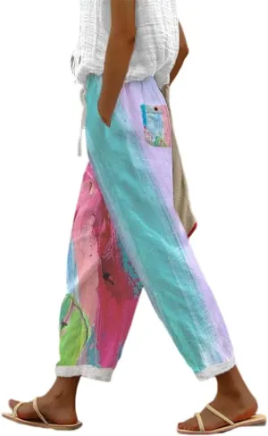 TIAFORD Womens Floral Prirted Linen Pants Summer Beach Relaxed Fit Straight Leg Crop Trousers with Pockets