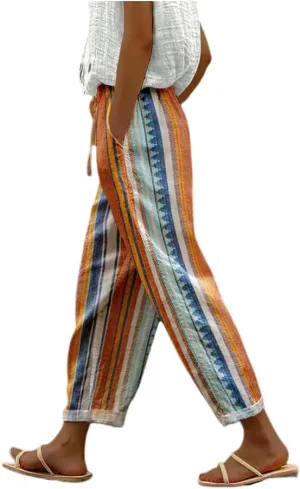 TIAFORD Womens Floral Prirted Linen Pants Summer Beach Relaxed Fit Straight Leg Crop Trousers with Pockets