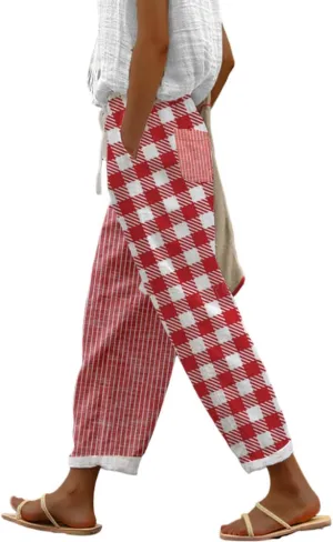 TIAFORD Womens Floral Prirted Linen Pants Summer Beach Relaxed Fit Straight Leg Crop Trousers with Pockets