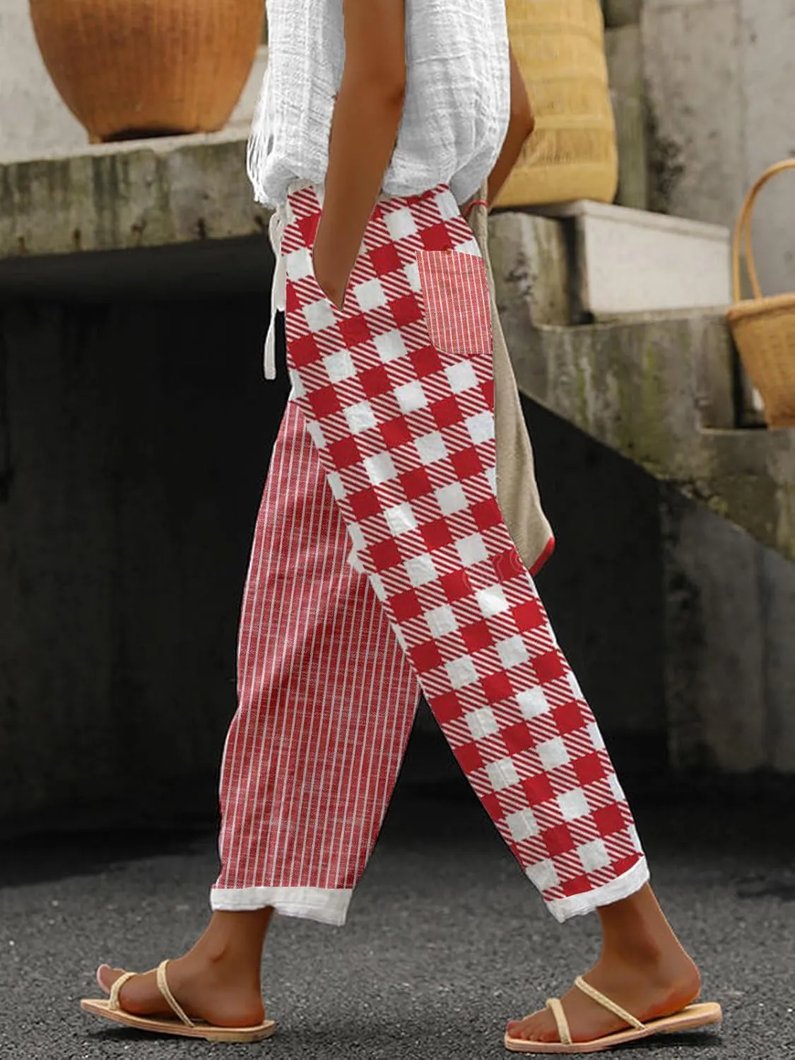 TIAFORD Womens Floral Prirted Linen Pants Summer Beach Relaxed Fit Straight Leg Crop Trousers with Pockets
