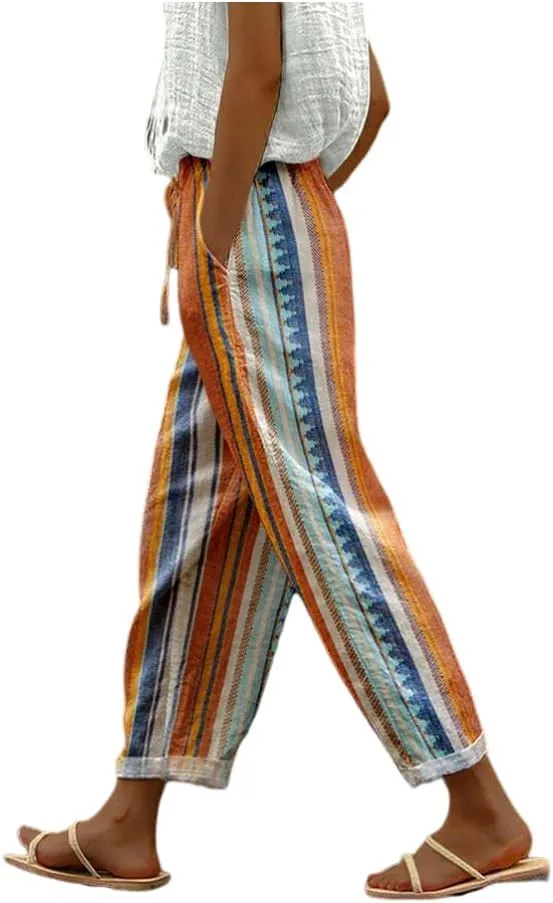 TIAFORD Womens Floral Prirted Linen Pants Summer Beach Relaxed Fit Straight Leg Crop Trousers with Pockets