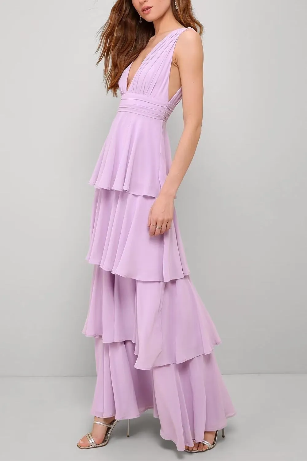 Tiered Long Chiffon Birdesmaid Dress Long for Wedding Women's V-Neck Formal Dress A-Line Prom Party Gown 2024
