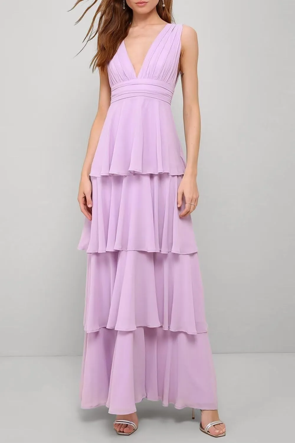 Tiered Long Chiffon Birdesmaid Dress Long for Wedding Women's V-Neck Formal Dress A-Line Prom Party Gown 2024
