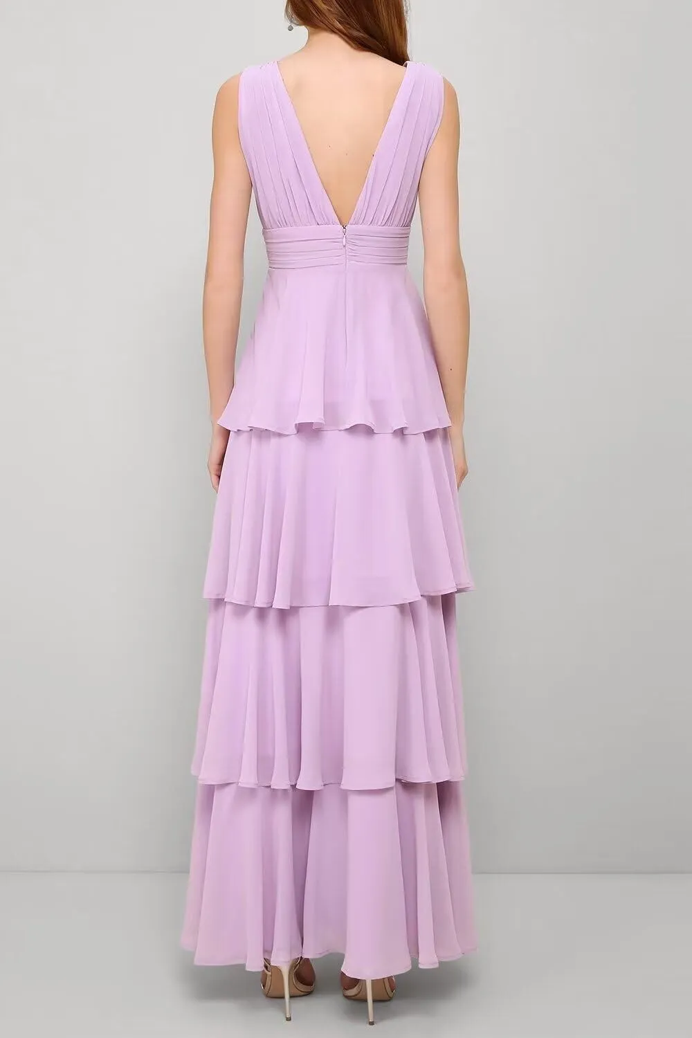Tiered Long Chiffon Birdesmaid Dress Long for Wedding Women's V-Neck Formal Dress A-Line Prom Party Gown 2024