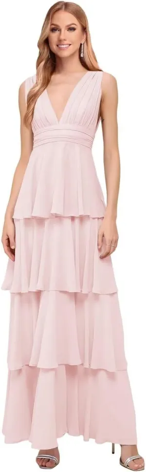 Tiered Long Chiffon Birdesmaid Dress Long for Wedding Women's V-Neck Formal Dress A-Line Prom Party Gown 2024