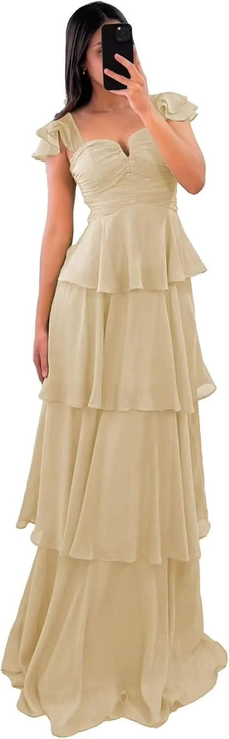 Tiered Ruffle Bridesmaid Dresses Long Off The Shoulder Chiffon Prom Evening Dresses for Women