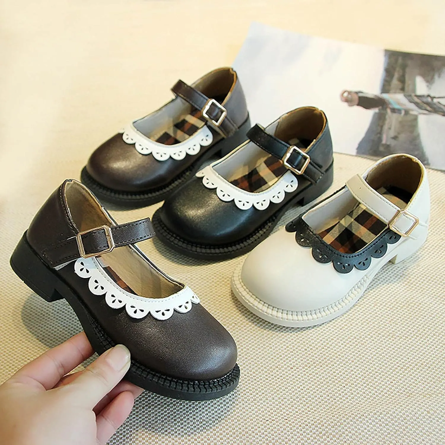 Toddler Girls Closed Toe Mary Jane School Uniform Shoes Toddler Flower Girl Dress Shoes Low Heels for Party Wedding