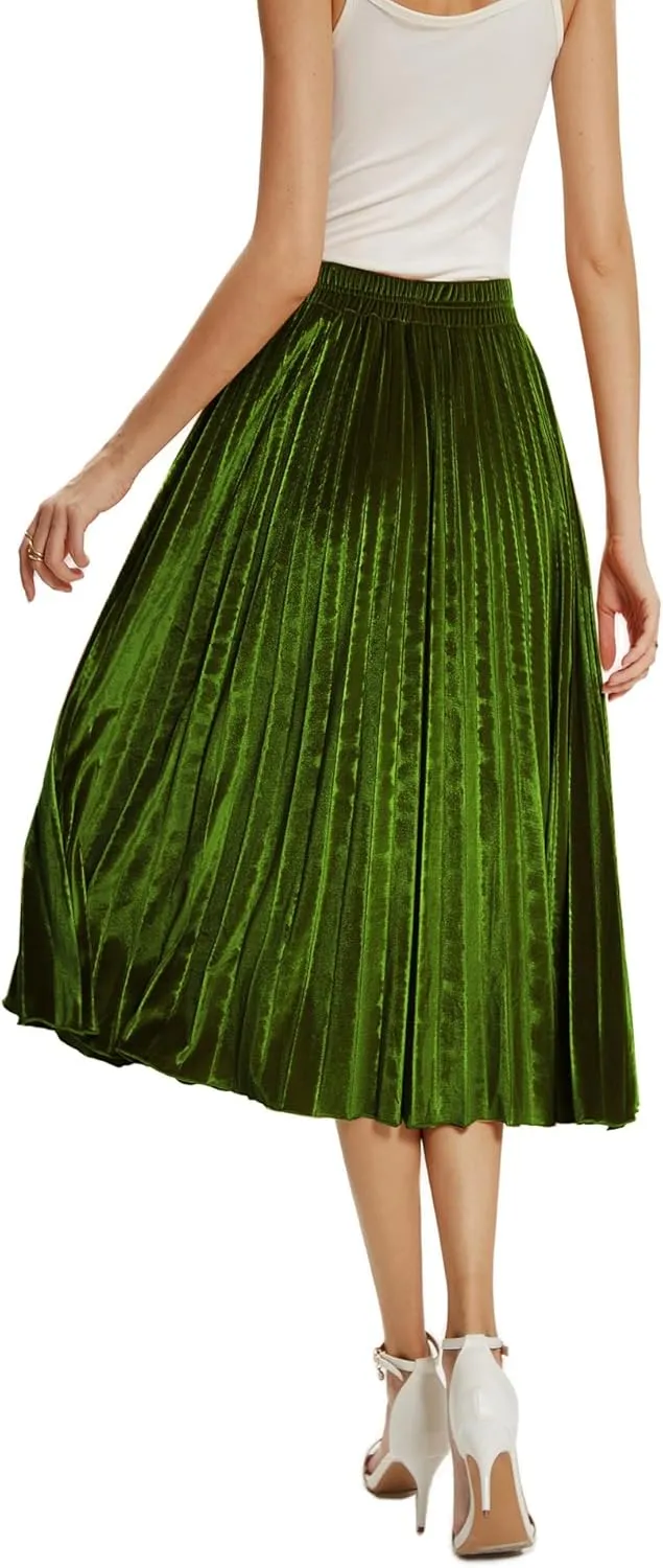 TONCHENGSD Women's High Elastic Waist Velvet Midi Long Pleated Swing Ruffled Skirt