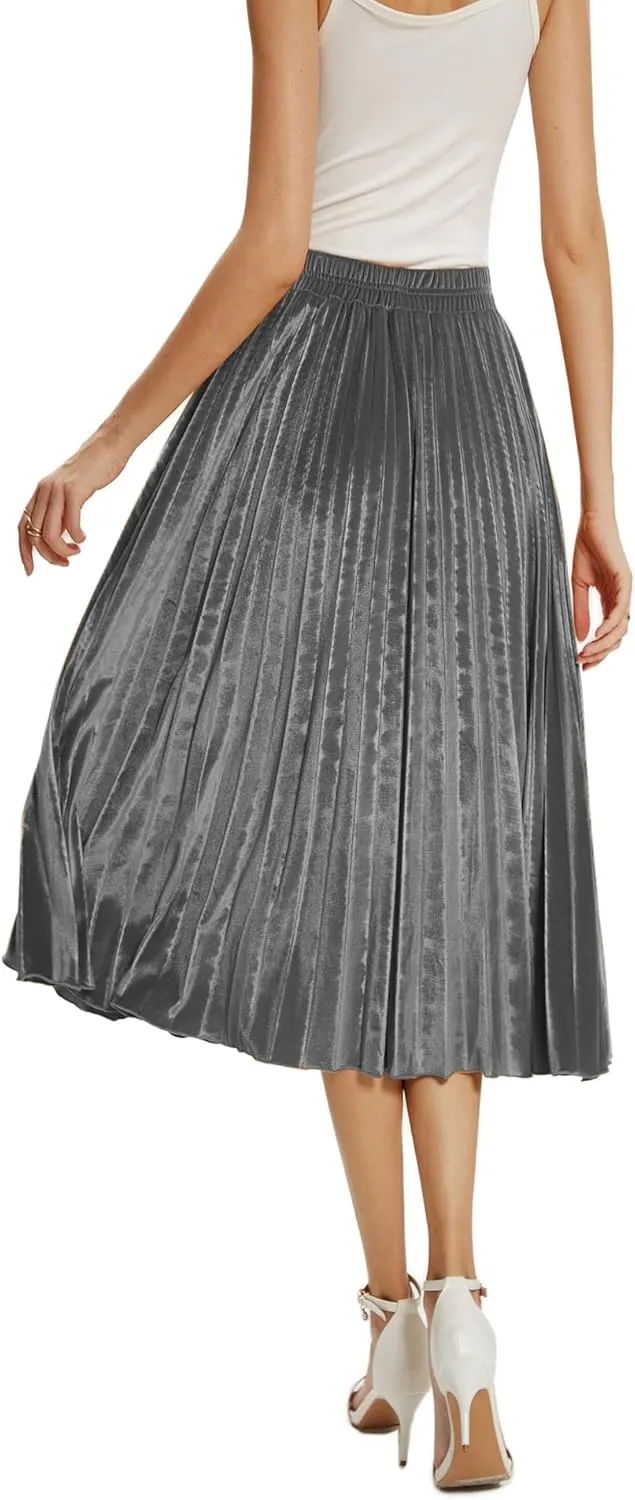 TONCHENGSD Women's High Elastic Waist Velvet Midi Long Pleated Swing Ruffled Skirt
