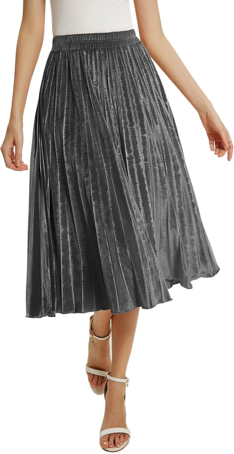 TONCHENGSD Women's High Elastic Waist Velvet Midi Long Pleated Swing Ruffled Skirt