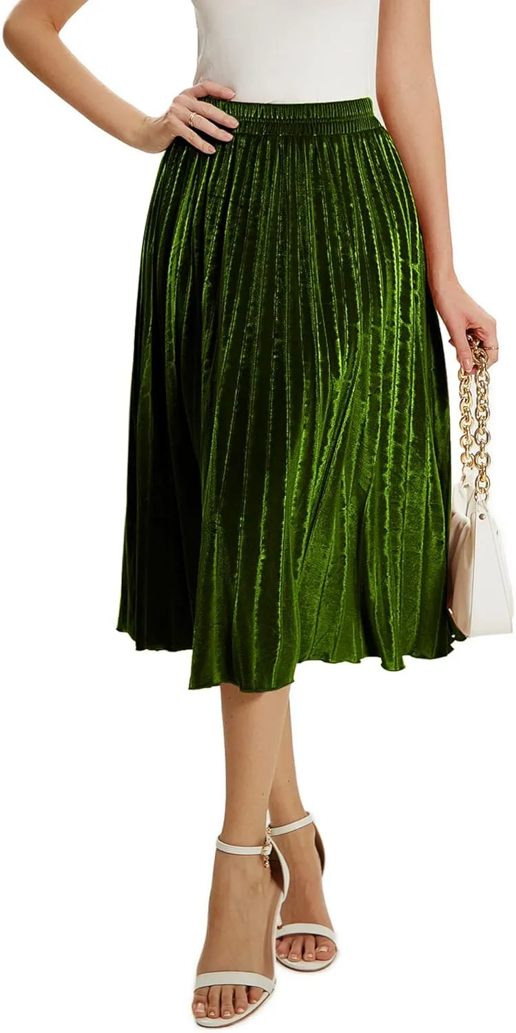 TONCHENGSD Women's High Elastic Waist Velvet Midi Long Pleated Swing Ruffled Skirt