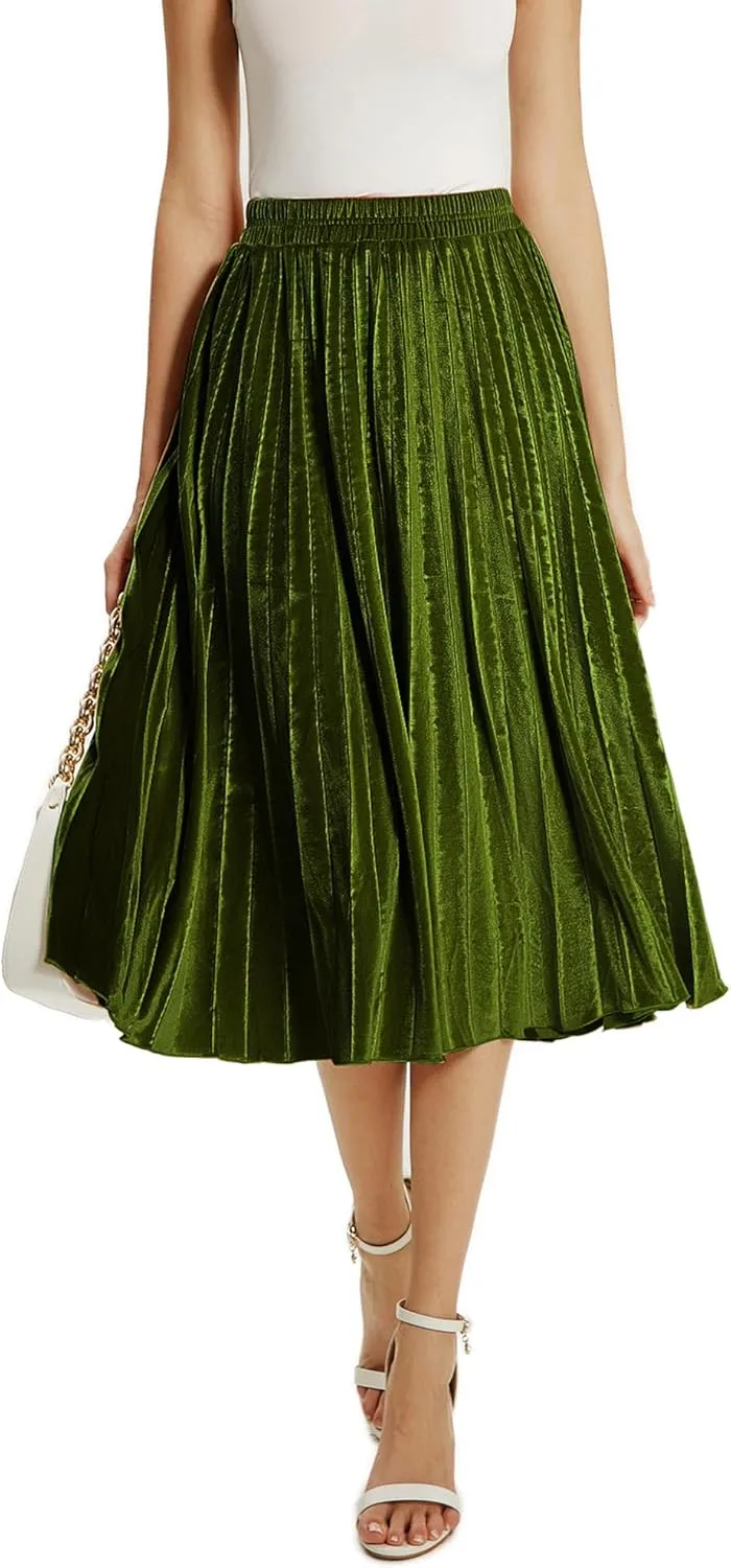 TONCHENGSD Women's High Elastic Waist Velvet Midi Long Pleated Swing Ruffled Skirt