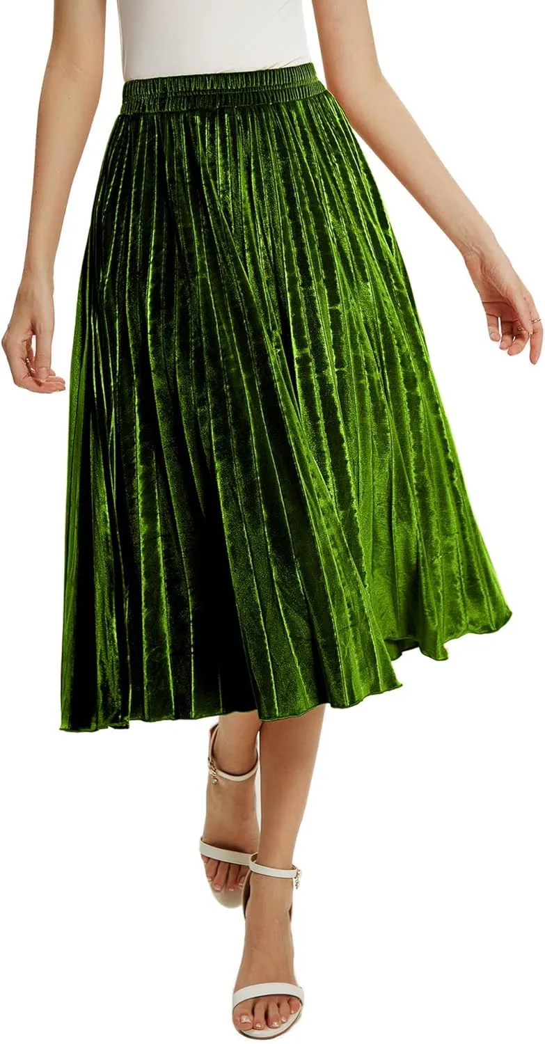 TONCHENGSD Women's High Elastic Waist Velvet Midi Long Pleated Swing Ruffled Skirt
