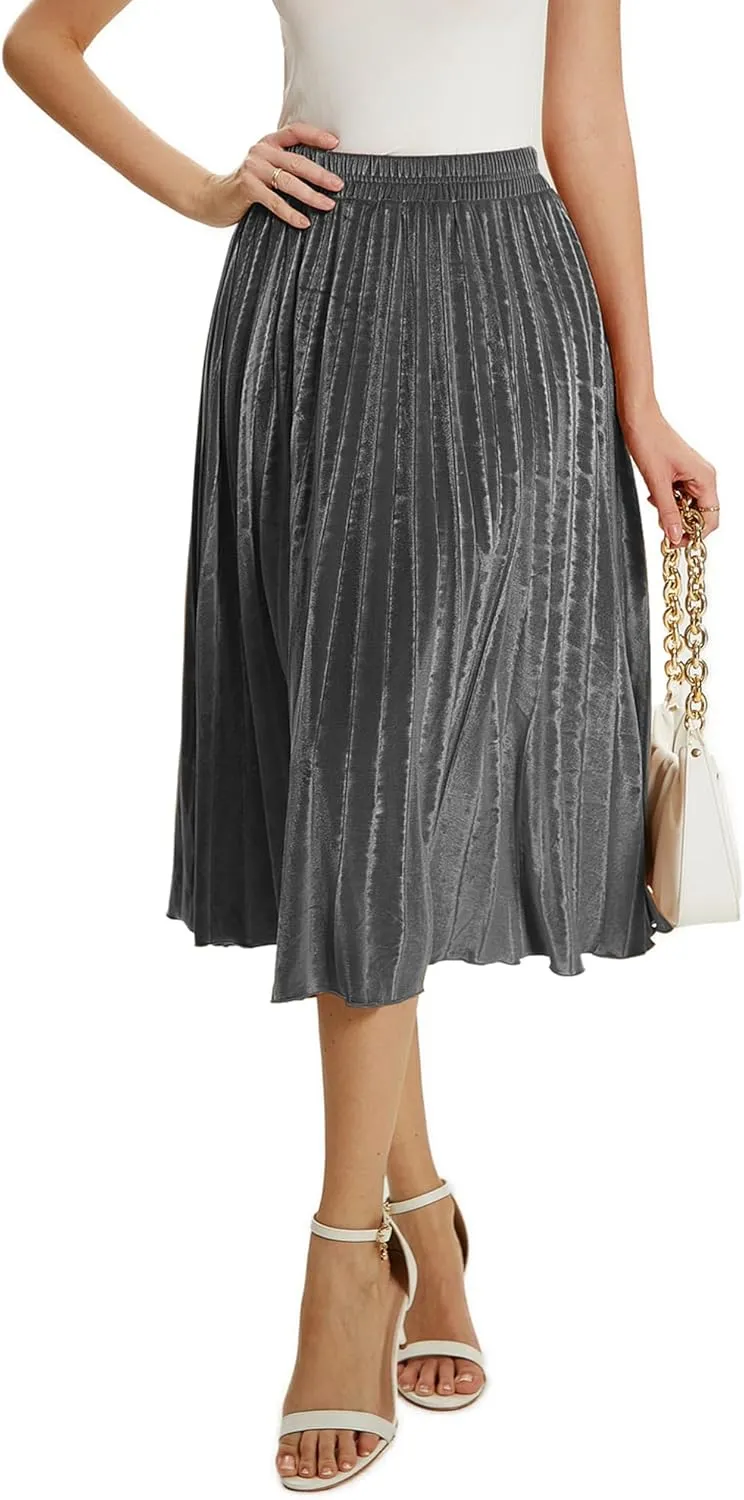 TONCHENGSD Women's High Elastic Waist Velvet Midi Long Pleated Swing Ruffled Skirt