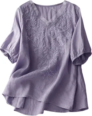 Tops for Women Trendy Summer 2025 Cotton Linen Embroidered T-Shirts Short Sleeve V Neck Blouses Casual Loose Fit Outfits