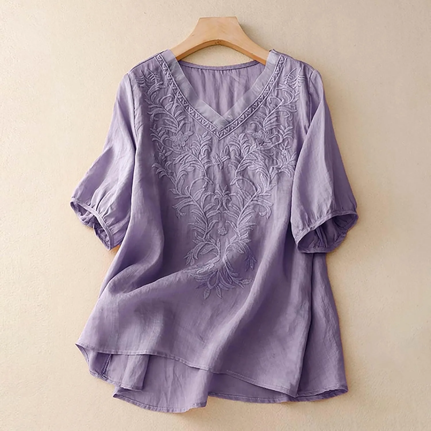 Tops for Women Trendy Summer 2025 Cotton Linen Embroidered T-Shirts Short Sleeve V Neck Blouses Casual Loose Fit Outfits