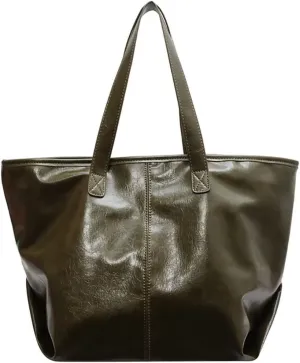 Tote Bag for Women Soft Shiny Faux Leather Shoulder Purse Large Capacity Work Handbag Vintage Travel Shopping Bag
