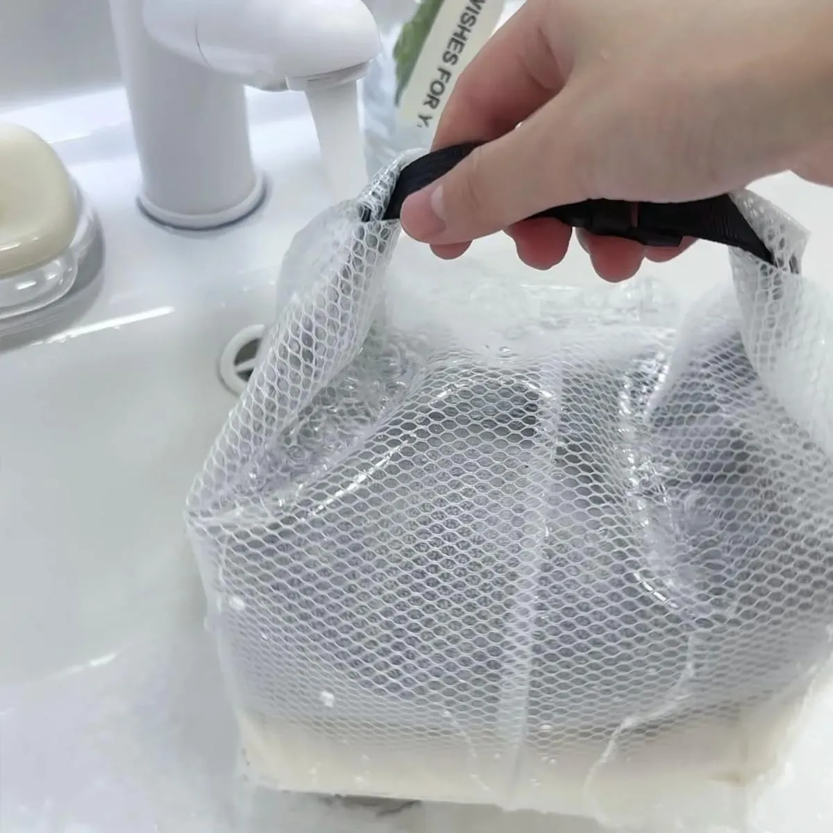 Travel Storage Bag - Waterproof Transparent Mesh Organizer with Drawstring Closure, Large Sizes for Toiletries & Cosmetics (White)