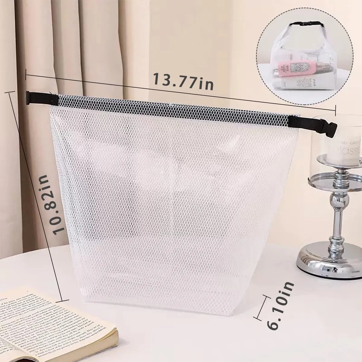 Travel Storage Bag - Waterproof Transparent Mesh Organizer with Drawstring Closure, Large Sizes for Toiletries & Cosmetics (White)
