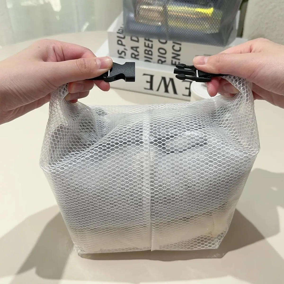 Travel Storage Bag - Waterproof Transparent Mesh Organizer with Drawstring Closure, Large Sizes for Toiletries & Cosmetics (White)