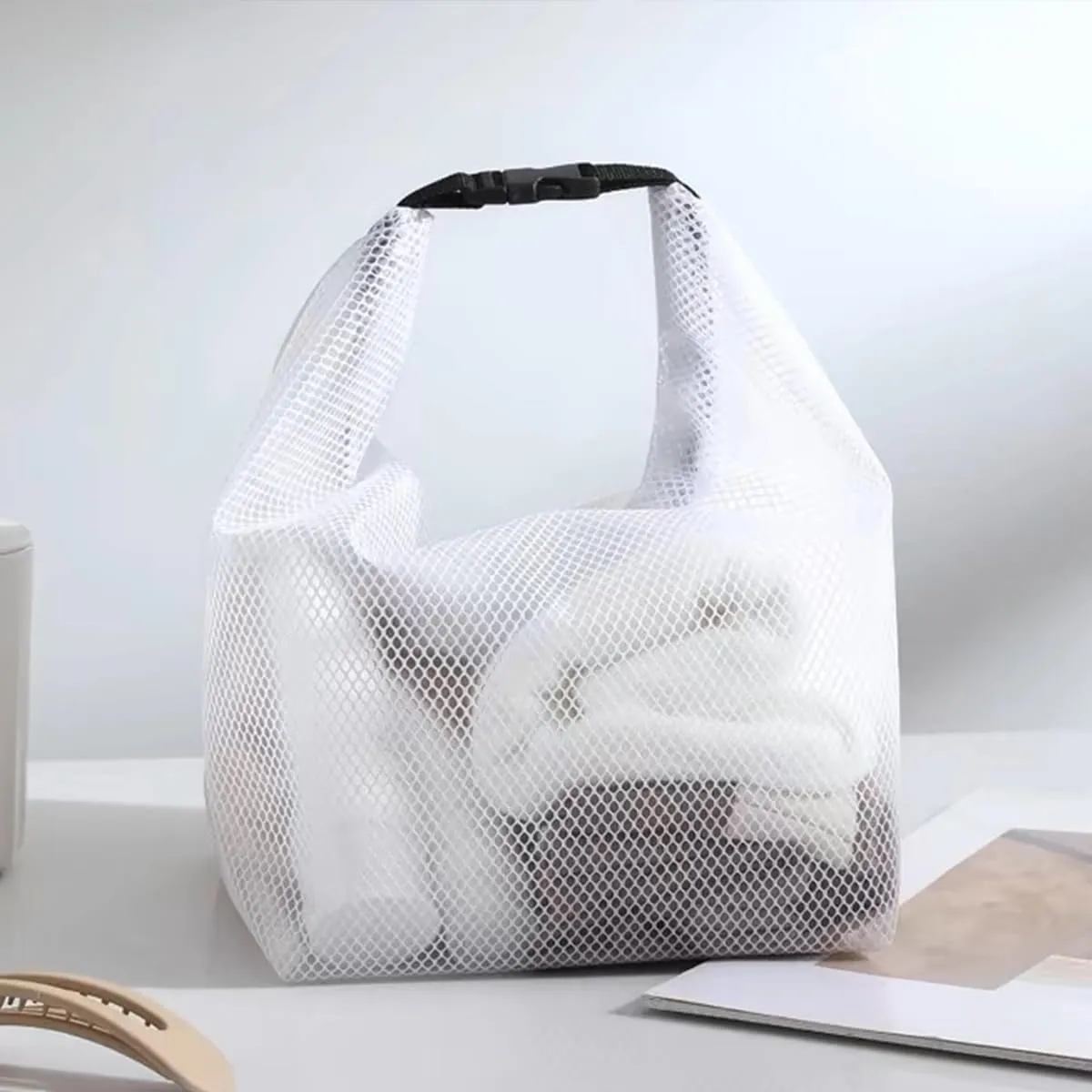 Travel Storage Bag - Waterproof Transparent Mesh Organizer with Drawstring Closure, Large Sizes for Toiletries & Cosmetics (White)