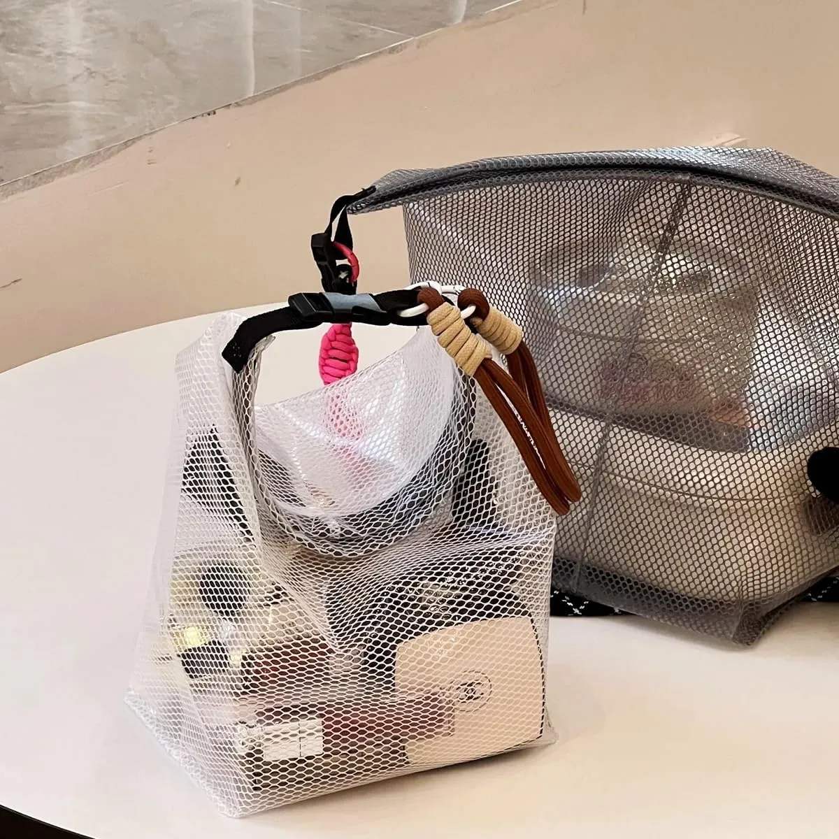Travel Storage Bag - Waterproof Transparent Mesh Organizer with Drawstring Closure, Large Sizes for Toiletries & Cosmetics (White)