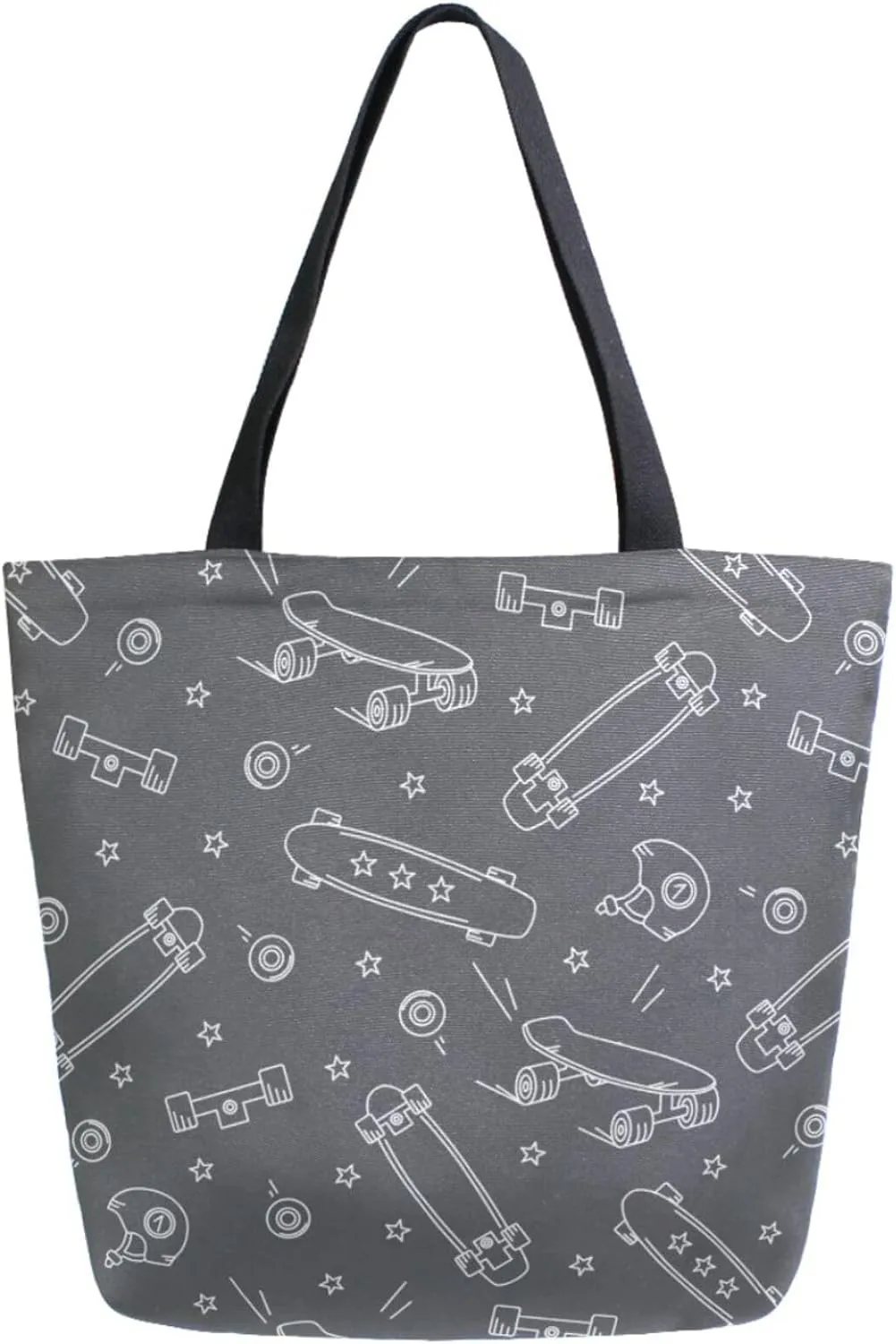 Trendy Extra Large Shoulder Grocery Tote Bag, Skateboard Longboards Black Floral Canvas Daily Handle Bag for Gym Yoga Weekender Picnic Beach Travel Kitchen Reusable Market Shopping