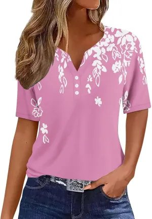 Trendy Summer Tops for Women 2024 Boho Floral Print Tunic Shirts Casual Short Sleeve Button v Neck Henley Blouses