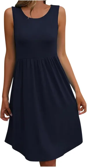 Trendy T Shirt Dress for Women Crewneck Sleeveless Mini Dress Relaxed Fit Flowy Dress Holiday Knee-Length Dress