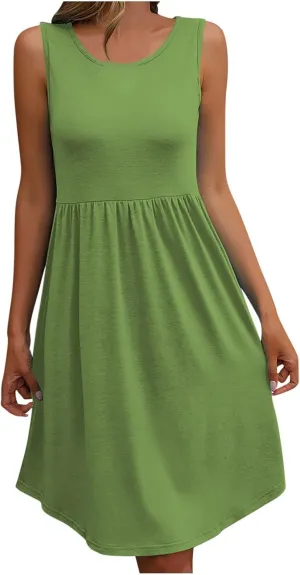 Trendy T Shirt Dress for Women Crewneck Sleeveless Mini Dress Relaxed Fit Flowy Dress Holiday Knee-Length Dress