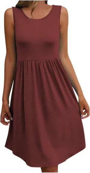 Trendy T Shirt Dress for Women Crewneck Sleeveless Mini Dress Relaxed Fit Flowy Dress Holiday Knee-Length Dress