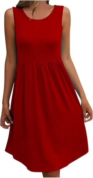 Trendy T Shirt Dress for Women Crewneck Sleeveless Mini Dress Relaxed Fit Flowy Dress Holiday Knee-Length Dress