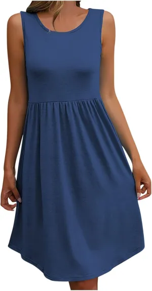 Trendy T Shirt Dress for Women Crewneck Sleeveless Mini Dress Relaxed Fit Flowy Dress Holiday Knee-Length Dress