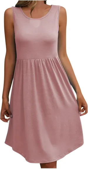 Trendy T Shirt Dress for Women Crewneck Sleeveless Mini Dress Relaxed Fit Flowy Dress Holiday Knee-Length Dress