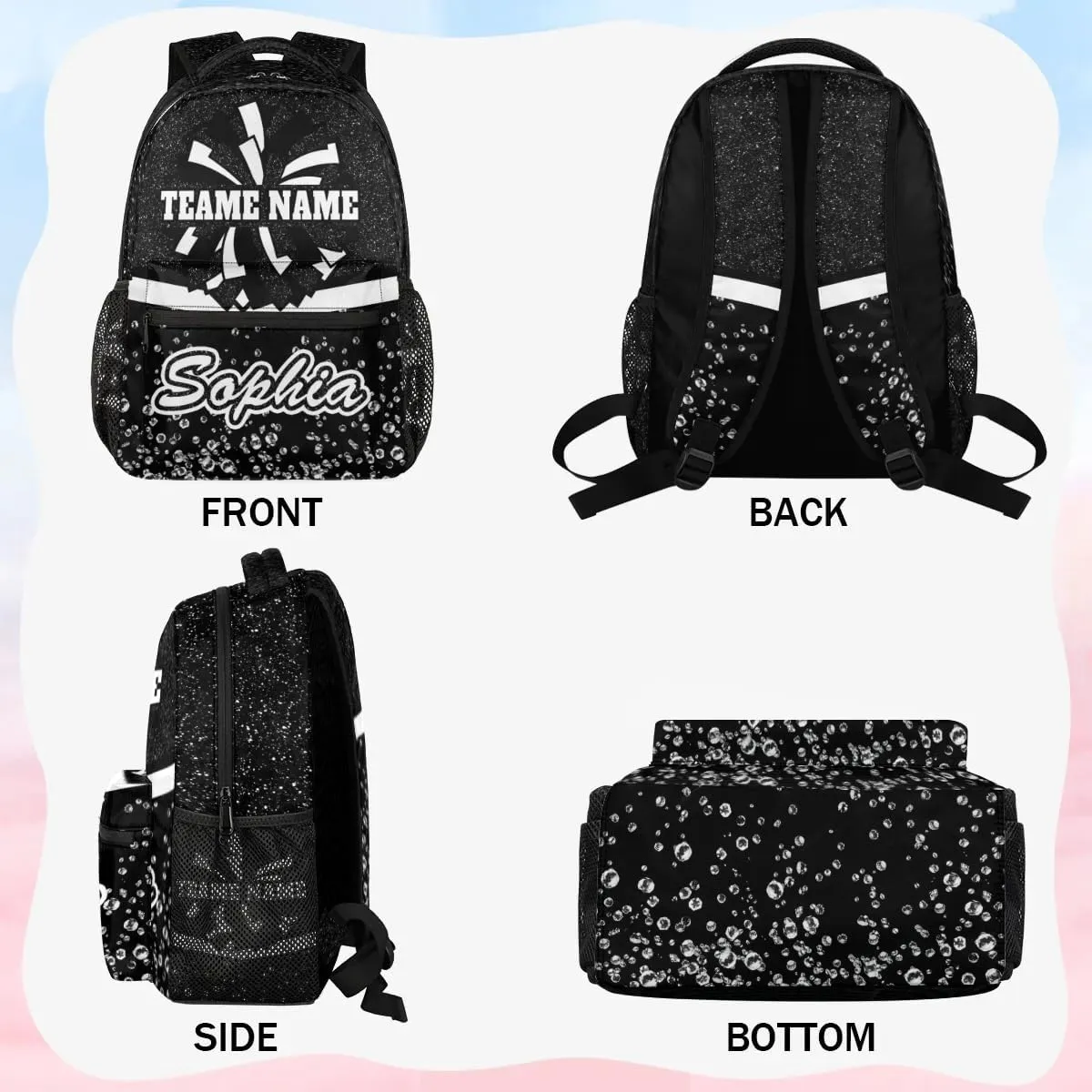 TropicalLife Custom Cheer Backpack for Cheerleader, Personalized Cheer Shoulder Bag with Name, Cheerleading Gifts for Teams, Black Glitter