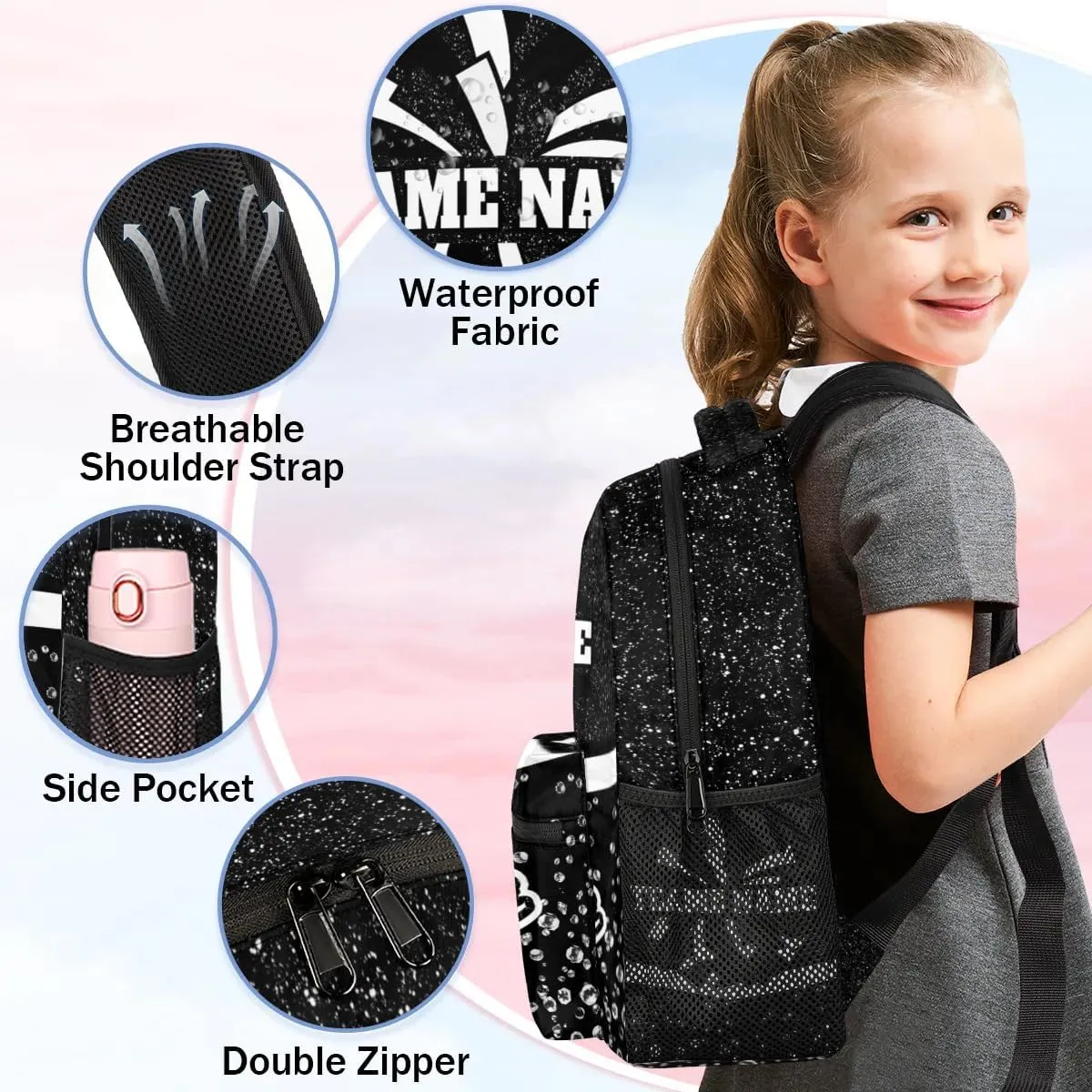TropicalLife Custom Cheer Backpack for Cheerleader, Personalized Cheer Shoulder Bag with Name, Cheerleading Gifts for Teams, Black Glitter